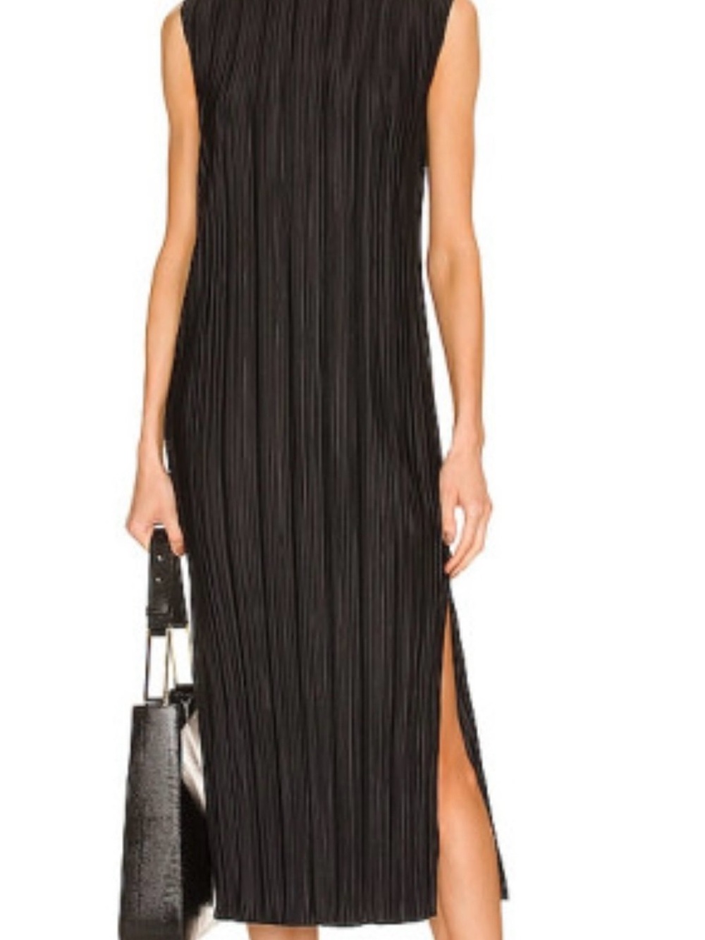 Anine Bing Melanie Black Sleeveless Plisse Midi Dress with Side Slit